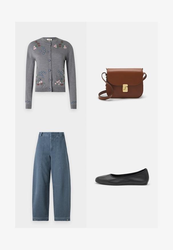 Hallakootud hall kardigan roosade, siniste ja roheliste tikanditega lilledega. Omab ümmargust kaelust, nööpidega kinnitamist ja kahte eesmist taskut.; Valge lühikeste varrukatega T-särk ribatud kangast. Ümara kaelusega, tavalisest sobivusest ja peente õmbluse detailidega. Ilma mustrite või graafikateta.; Heledad laiad teksapüksid helesinises värvitoonis, millel on tekstureeritud pind, kaks esist taskut ja vastupidav õmblus ääres.; Musthave mustika tantsutossud mustast nahast, ümmarguse varbaga, siledast tekstuurist, minimaalse õmblusdetailiga ja paindliku tallakujundusega.; Pruunist nahast käekott, millel on klapiga sulgur, kuldne riistvara, õlarihm ja sile tekstuur. Kompaktne ristkülikukujuline vorm.