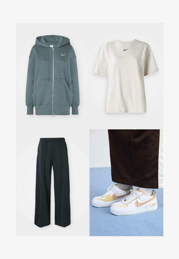 Nike Sportswear HOODIE - Φούτερ με φερμουάρ - vintage green/sail; Λευκό βαμβακερό μπλουζάκι με στρογγυλή λαιμόκοψη και κοντά μανίκια. Διαθέτει ένα μικρό μαύρο λογότυπο Nike στο στήθος. Απλός και κομψός σχεδιασμός.; Μαύρο, αθλητικό παντελόνι με φαρδιά πόδια και ελαστική μέση. Κατασκευασμένο από απαλό, ελαστικό ύφασμα, με διακριτές ραφές μπροστά και χωρίς τσέπες.; Λευκά δερμάτινα sneakers με χρυσές λεπτομέρειες, διαθέτοντας τρυπητό άκρο, επίπεδους κορδόνια και χοντρή ελαστική σόλα με το λογότυπο "AIR" στο πλάι.