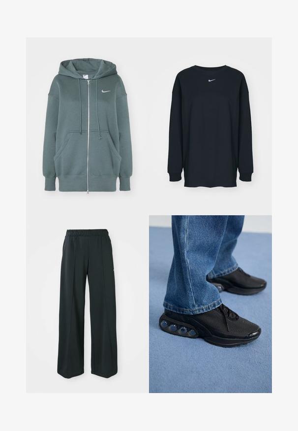 Nike Sportswear HOODIE - Camisola com fecho - vintage green/sail; Camisola preta de mangas longas feita de algodão com decote redondo. Apresenta um logótipo branco da Nike no peito. Textura suave, design simples.; Calças atléticas largas e pretas com um cós elástico. Feitas de um tecido liso e elástico, com costuras frontais discretas e sem bolsos.; Ténis atléticos pretos com parte superior em malha, detalhes texturizados e almofadas de amortecimento de ar visíveis na sola. Usados com uns jeans de ganga azuis.