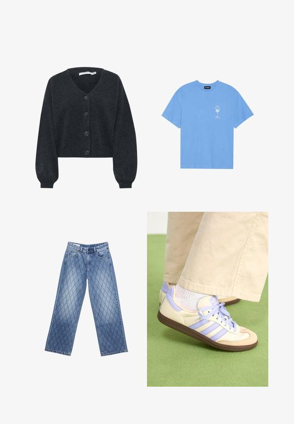 Gestuz MANZI - Kardigan - deep graphite melange; Světle modré bavlněné tričko s kulatým výstřihem. Na levé části hrudi je bílý grafický motiv palmy a text. Krátké rukávy.; Džíny s širokými nohavicemi v světle modré barvě s prošívaným diamantovým vzorem, s pěti kapsami a zapínáním na knoflík v pase.; Krémové a levandulové tenisky se třemi pruhy a texturovanou hnědou podrážkou, vybavené tkaničkami a polstrovanou patou. Měkký textilní svršek.