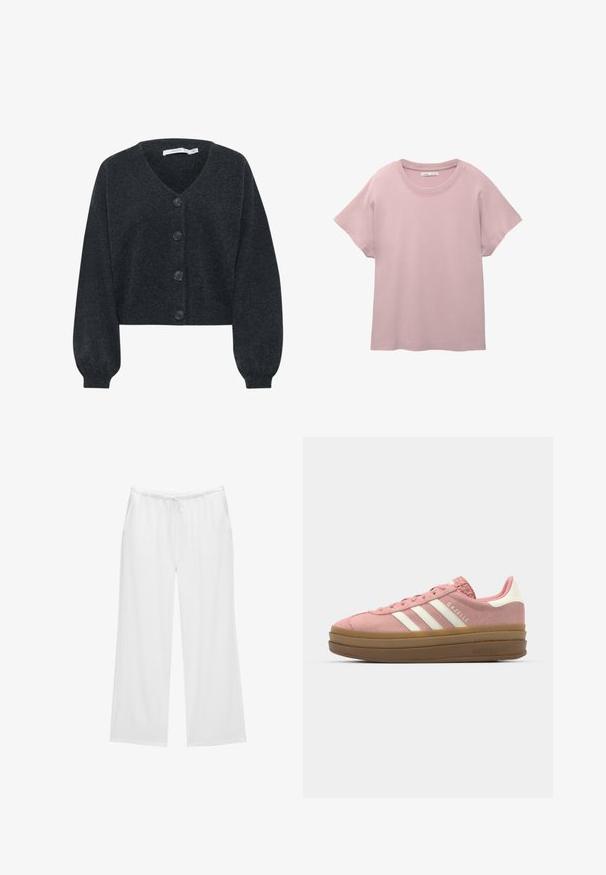 Gestuz MANZI - Vest - deep graphite melange; Lichtroze short-sleeve t-shirt van glad katoen. Heeft een ronde hals en een ontspannen pasvorm met een rechte afwerking aan de onderkant.; Witte wijde broekspunten gemaakt van zachte stof, met een elastische tailleband en een koord, en twee zijzakken. Eenvoudig en strak ontwerp.; adidas Originals GAZELLE BOLD - Sneakers laag - mauve/off white