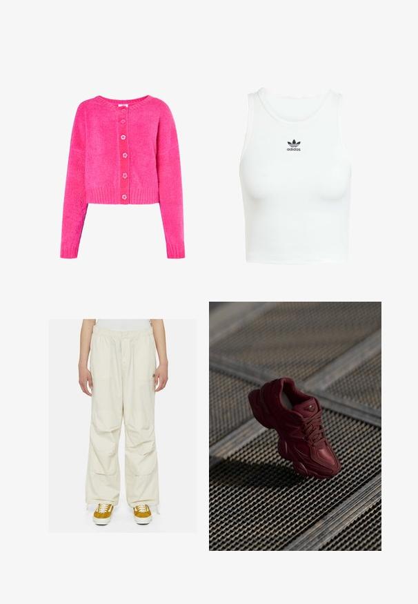 Fuzzy, zkrácený cardigan v jasně růžové barvě, s kulatým výstřihem, růžovým zapínáním na knoflíky a žebrovanými manžetami a spodním lemem. Měkká textura po celém povrchu.; Bílý bavlněný tílko s úzkým žebrovaným vzorem, kulatým výstřihem a všitou černou výšivkou loga Adidas na přední straně.; Krémové cargo kalhoty s volným střihem, elastickým pasem a několika kapsami. Na bílém pozadí je obuty s hnědými a bílými teniskami.; Burgundské tenisky s texturovaným svrškem, šněrováním a výraznými konturami podrážky. Obsahují logo a bezšvové akcenty ze syntetického materiálu.