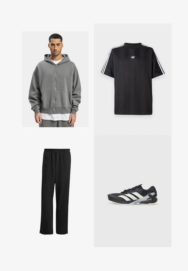 Gray zip-up hoodie featuring a front zipper, large pockets, and a spacious hood. Made from soft, textured fabric with ribbed cuffs.; Black short-sleeve t-shirt with white three-stripe detailing on shoulders and a small white logo on the chest. Smooth fabric texture.; Black athletic pants with an elastic waistband, straight-leg design, side pockets, and zippered cuffs, made from a smooth, lightweight fabric.; Black athletic shoe with white stripes, mesh upper, rounded toe, and cushioned sole. Features a textured heel and secure lacing system.