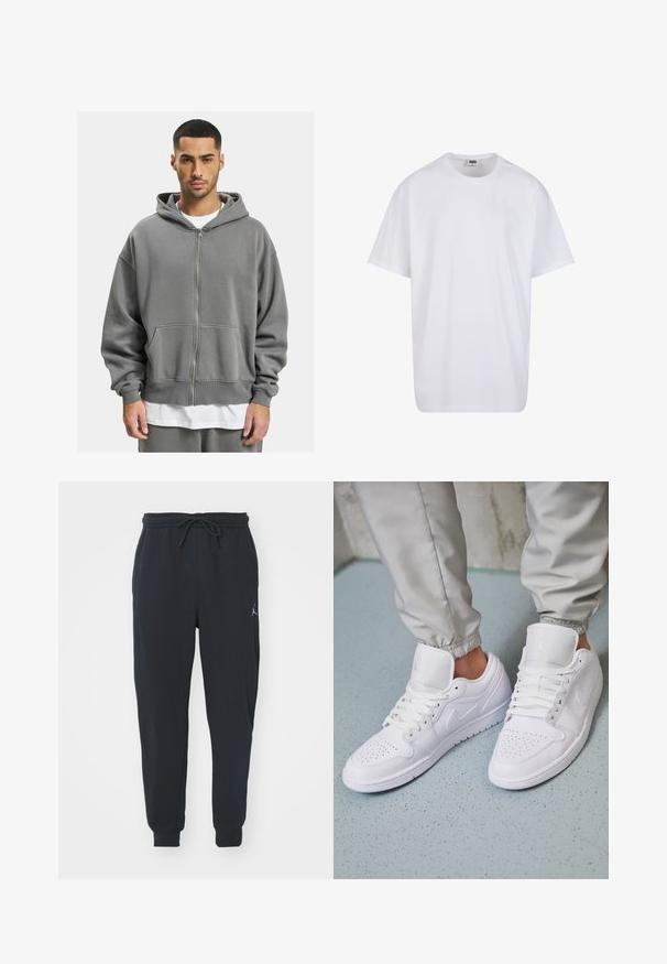 Sweat à capuche grise zippé avec une fermeture éclair à l'avant, de grandes poches et une grande capuche. Fabriqué en tissu doux et texturé avec des poignets côtelés.; T-shirt en coton blanc avec des manches courtes, un col rond, une coupe décontractée et sans logos ni motifs visibles. Texture lisse et design minimaliste.; Pantalons de jogging noirs en tissu doux, dotés d'une taille élastique avec un cordon de serrage, de poignets côtelés et d'un petit logo sur la cuisse gauche.; Des baskets en cuir blanc présentent une zone de perforation à l'avant, des lacets plats, un col rembourré et le logo Jordan sur la languette. Portées avec un pantalon de jogging gris.