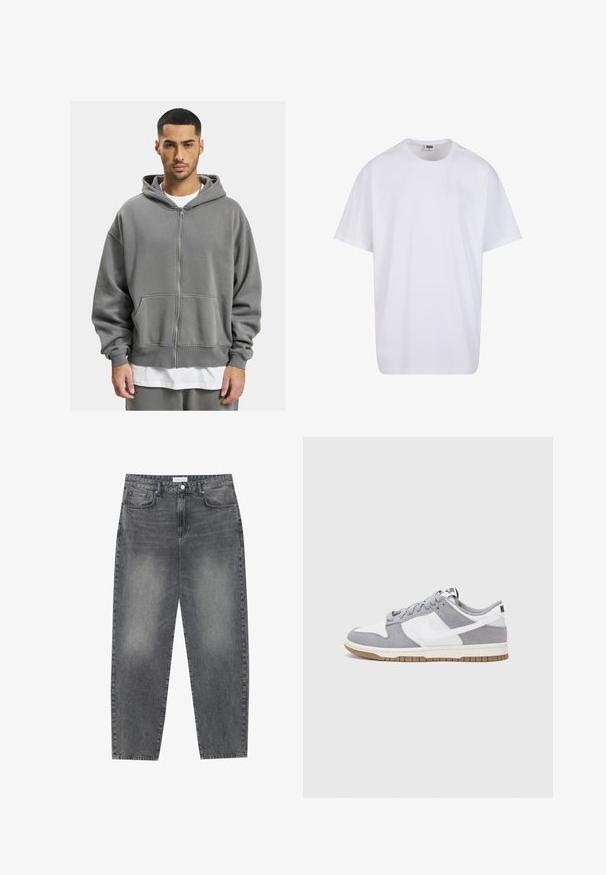 Grijze ritshoodie met een voorrits, grote zakken en een ruime capuchon. Gemaakt van zachte, gestructureerde stof met ribgebreide manchetten.; Witte katoenen t-shirt met korte mouwen, ronde hals, relaxte pasvorm en zonder zichtbare logo's of patronen. Gladde textuur en minimalistisch ontwerp.; Hoge taille, losvallende jeans van vervaagd zwart denim. Beschikt over vijf zakken, riemlussen en een schone, rechte broekspijp ontwerp.; Grijze en witte sneaker met een bovenwerk van suede en leer, ronde neus, platte veters en een rubberen zool met een gumaccent.