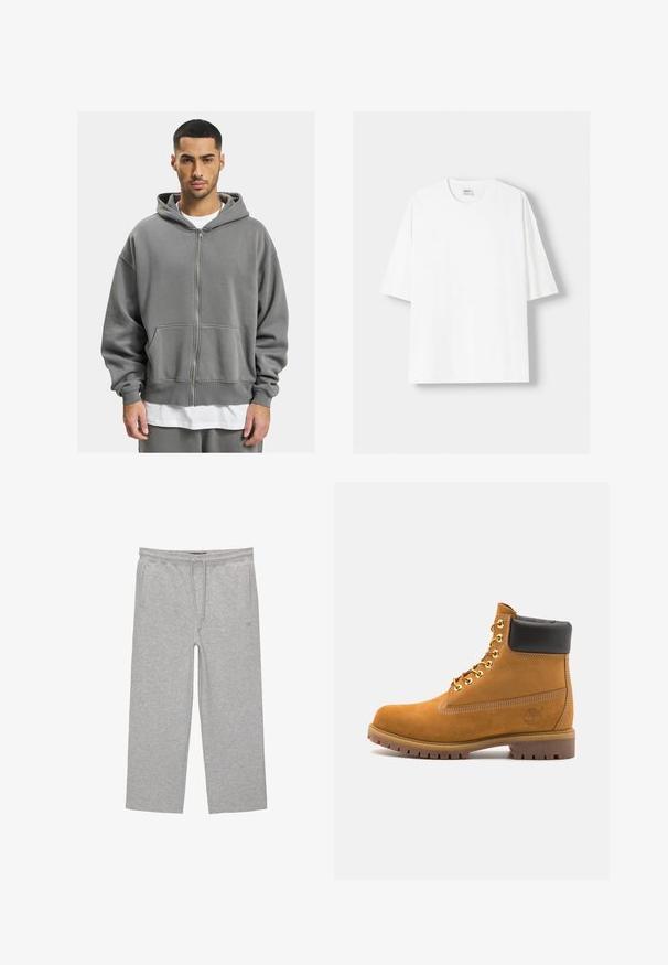 Grauer Reißverschluss-Hoodie mit einem Frontreißverschluss, großen Taschen und einer geräumigen Kapuze. Hergestellt aus weichem, strukturiertem Stoff mit gerippten Bündchen.; Weißes kurzärmliges T-Shirt aus Baumwolle mit Rundhalsausschnitt und lockerer Passform. Glatte Textur, ohne sichtbare Muster oder Akzente.; Graue Baumwoll-Loungehosen mit elastischem Bund, Kordelzug und zwei seitlichen Taschen; gerader Schnitt, weiche Textur, ohne Muster.; Beige Wildleder-Ankle-Boot mit schwarzem gepolstertem Kragen, goldenen Metallösen, weißen Nähdetalben und einer robusten Gummisohle mit ausgeprägtem Profil.