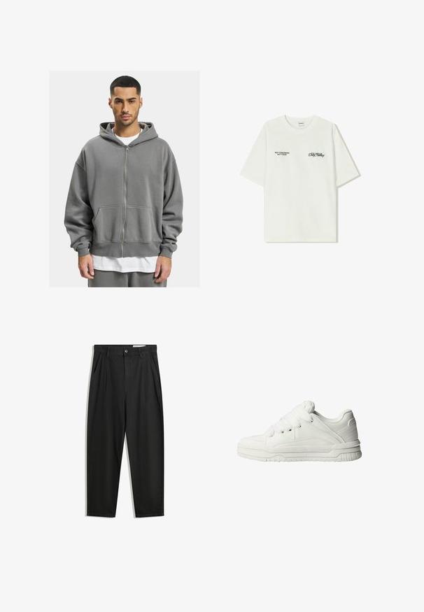 Grauer Reißverschluss-Hoodie mit einem Frontreißverschluss, großen Taschen und einer geräumigen Kapuze. Hergestellt aus weichem, strukturiertem Stoff mit gerippten Bündchen.; Weißes Baumwoll-T-Shirt mit kurzen Ärmeln. Auf der Vorderseite befindet sich schwarzer Text: „NICHT MORGEN NICHT HEUTE“ und „DIE KUNST DES DIRT MOVING“ in grüner Schrift.; Schwarze Baumwollhose mit lockerem Schnitt, ausgestattet mit einem klassischen Bund, vorderen Falten und Seiten taschen. Glatte Textur ohne Muster.; Weiße Sneaker mit glattem Lederobermaterial, gepolstertem Zungenbereich, flachen Schnürsenkeln und strukturierten Akzenten an den Seiten und der Ferse.