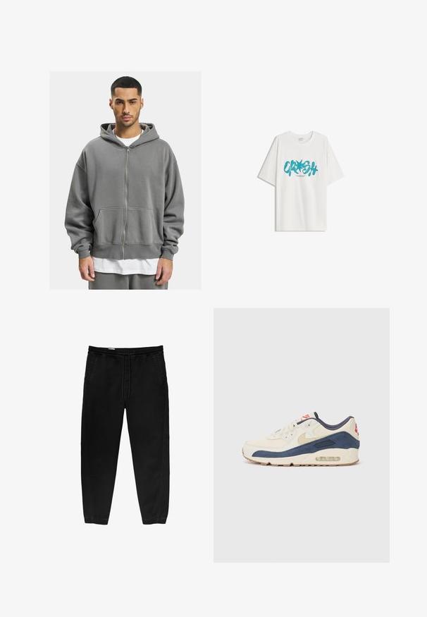 Grauer Reißverschluss-Hoodie mit einem Frontreißverschluss, großen Taschen und einer geräumigen Kapuze. Hergestellt aus weichem, strukturiertem Stoff mit gerippten Bündchen.; Bershka SHORT SLEEVE - T-Shirt print - white; Schwarze Hose mit elastischem Bund und Kordelzug, tapered Beinen, Seitentaschen und subtilen seitlichen Stickdetails. Weicher Baumwollstoff.; Sneaker mit einem Obermaterial aus cremefarbenem Leder und marineblauem Wildleder, sichtbar luftgefüllter Sohle, beiger Gummisohle und rotem Akzent an der Ferse.