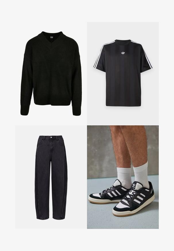 Črn pleten pulover z V-izrezom, široko rebrasto teksturo, spuščeno rameni in dolgimi rokavi, z ohlapnim krojem in enobarvno zasnovo.; Crna majica s kratkimi рукави in belimi трими črtami na ramah ter majhnim belim logotipom na prsih. Gladka tekstura tkanine.; Črne široke jeans hlače iz denima z gladko teksturo. Imajo visok pas, sprednje žepe in gumbasto zapiranje na pasu.; Črno-bele superge z zgornjim delom iz usnja in nubuka, ki imajo tri bele črte, perforiran vrh prstov in podplat iz gume.