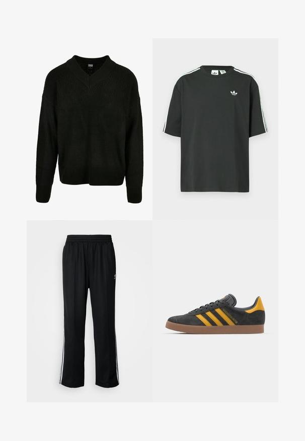 Melna adīta džemperis ar V-veida kaklu, plašu ribotu tekstūru, nolaišām plecu šuvēm un garām piedurknēm, piedāvā brīvu piegriezumu un viendabīgu krāsu.; Melna kokvilnas T-krekls ar īsām piedurknēm, apaļu kakla izgriezumu un baltām trim svītrām uz pleciem. Uz krūtīm neliels balts logo.; Melni sporta bikses ar elastīgu jostas vietu, kurām ir baltas sānu svītras un neliels logotips. Materiāls izskatās mīksts un viegls.; Melnas zamšādas kedas ar dzelteniem akcentiem, kurām ir trīs svītras un brūna gumijas zole. Iekļauta mīksta valkāšanas tongue komfortam.
