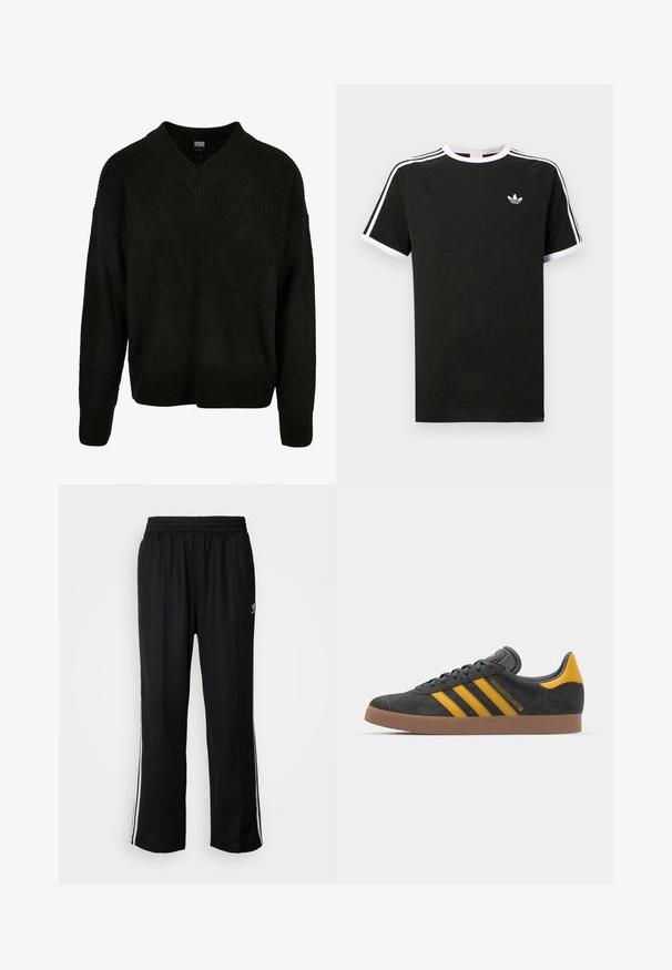 Černý pletený svetr s výstřihem do V, širokou elastickou texturou, spadlými rameny a dlouhými rukávy, s uvolněným střihem a jednobarevným provedením.; Černé tričko vyrobené z bavlny s bílými akcenty. Má krátké rukávy, raglánový střih a malé logo na hrudi. Tři bílé pruhy na ramenou.; Černé sportovní kalhoty s elastickým pasem, s bílými bočními pruhy a malým logem. Materiál vypadá měkce a lehce.; Černé semišové tenisky se žlutými akcenty, vybavené třemi pruhy a hnědou gumovou podrážkou. Obsahují polstrovaný jazyk pro pohodlí.