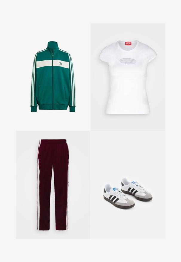 Casaco verde com fecho éclair e faixa branca no peito, apresentando três riscas brancas nas mangas, dois bolsos laterais e um logo da adidas à esquerda.; T-shirt branca ajustada, feita de algodão, com decote redondo e mangas curtas, apresentando um logótipo bordado em azul claro à frente.; Calças de atletismo bordeaux com cintura ajustável por cordão, riscas brancas nas laterais e um corte slim. Feitas de um tecido leve e suave.; Ténis desportivos com um cabedal em pele branca, biqueira em camurça cinza e três riscas pretas. Apresenta um logo azul na língua e uma sola de borracha texturizada.