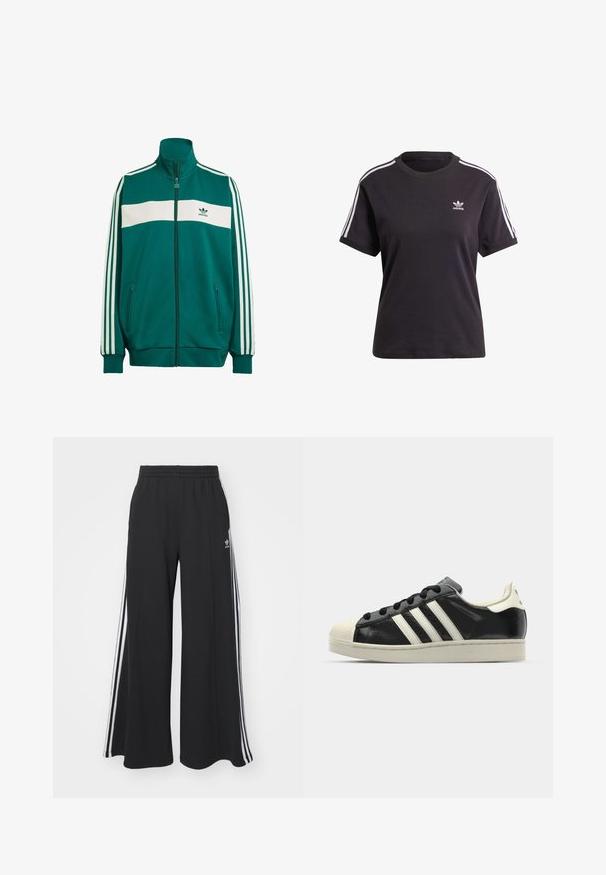 Casaco verde com fecho éclair e faixa branca no peito, apresentando três riscas brancas nas mangas, dois bolsos laterais e um logo da adidas à esquerda.; T-shirt preto de algodão de mangas curtas com gola redonda, apresentando riscas brancas nos ombros e um pequeno logotipo branco da Adidas no peito.; Calças de suor largas e pretas com uma cintura elástica, apresentando riscas brancas nas laterais e um logótipo bordado na coxa esquerda.; Sapatilha de couro preto com riscas brancas, biqueira de borracha, atacadores pretos e sola na cor creme. Textura suave com acabamento brilhante.