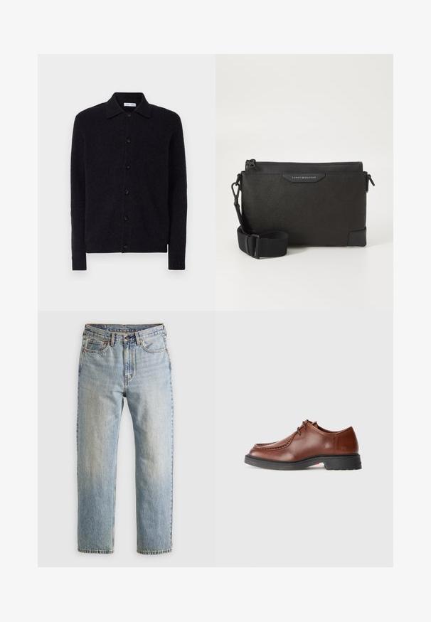 Tumši zils kardigans, kas izgatavots no mīksta auduma, ar apkakles dekoltē, sešām melnām pogām un ribinātu piedurkņu un apakšmalu.; Burgundijas garās piedurknes krekls, kas izgatavots no kokvilnas, ar pogu piegriezumu, priekšējo pogu aizdari un mazu logo uz krūšu.; Gai zila denima bikses ar augstu jostasvietu, priekšējo pogu, rāvējslēdzēju un piecu kabatu dizainu, izlīdzinātas uz neitrāla fona.; Brūni ādas uzvalka apavi ar noapaļotu purngalu, kontrastējošām šuvēm, saistīšanas dizainu un teksturētu melnu gumijas zoli.; Melna ādas krusts soma ar teksturētu apdari, aprīkota ar rāvējslēdzēja aizdari un regulējamu siksnu. Priekšpusē logo uzlīme. Taisnstūra forma.