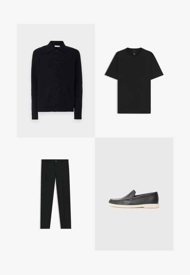 Mörk marinblå cardigan gjord av mjukt tyg, med en krage i halsen, sex svarta knappar och ribbade ärmslut och nederkant.; Svart kortärmad T-shirt i en mjuk bomullsblandning, med rundad halsringning och en minimalistisk design utan mönster eller detaljer.; Svarta dressbyxor med rak bendesign, gjorda av ett mjukt tyg. Har stängning med frontknapp och bälteshällor. Enfärgade utan mönster.; Svarta läder slip-on loafers med en texturerad yta och en kontrasterande beige gummisula. Har en subtil accent längs fram.