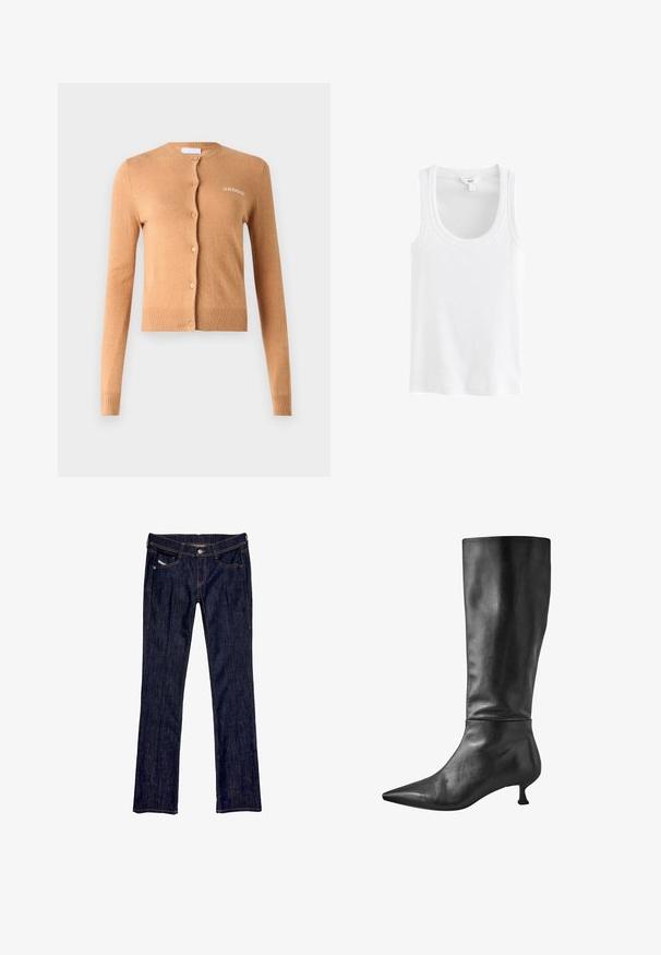 Karameles krāsas cardigan, pogu aizdarīšana, garas piedurknes, ribota apkakle un apakšmala, mīksta tekstūra, uz krūtīm ir izšūts "2ND DAY".; Balts bezmugurs, izgatavots no ribota kokvilnas auduma, ar ieapa nākamo kakla izgriezumu un platām plecu siksnām, bez redzamām rakstiem vai akcentiem.; Tumši zilie džinsi ar taisnu kāju dizainu, ar priekšējo pogu aizdari, piecām kabatām un redzamām diega šuvēm.; Melna ādas ceļgala auguma zābaks ar smailu purngalu un mazu blokveida papēdi, ar gludu tekstūru un elegantu siluetu.