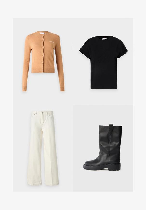 Karamelės spalvos kardiganas, su mygtukais, ilgomis rankovėmis, raukšlėtais rankogaliais ir hemu, minkšta tekstūra, krūtinėje išsiuvinėtas užrašas "2ND DAY".; Juodas medvilninis marškinėliai su trumpomis apvyniotomis rankovėmis, turintys reljefinį logotipą centre ir mažą vėliavėlės akcentą šone.; Platūs balti džinsai, pagaminti iš medvilnės mišinio. Yra užtrauktukas, penkių kišenių dizainas ir siūlės išsiuvinėjimas.; Juodos odinės kelio ilgio bootai su elegantišku dizainu, turintys storą padas ir šoninius traukimo antkaklius patogiam užsitempimui. Išskirtiniai siuvimo akcentai.