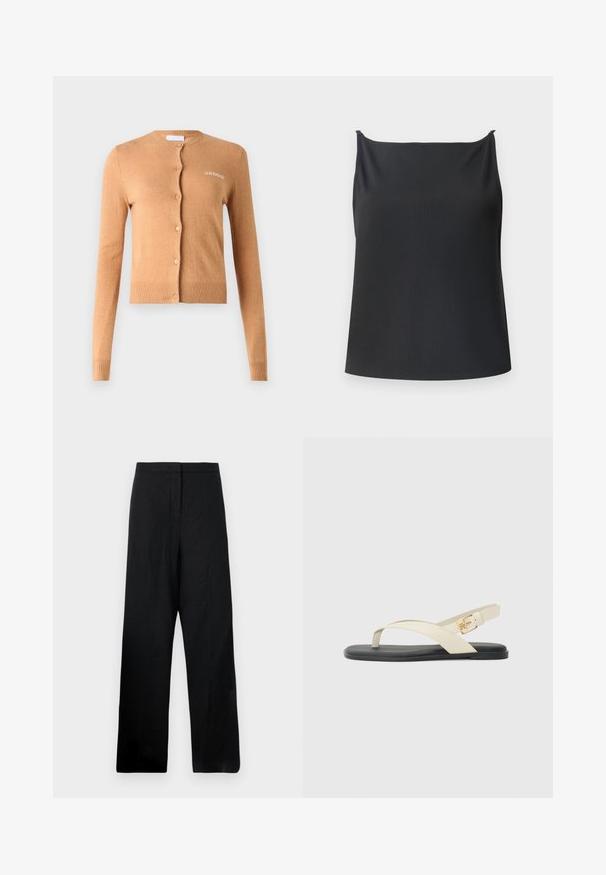 Cardigã de cor caramelo, com design de botões, mangas longas, punhos e barra canelados, textura macia, apresenta "2ND DAY" bordado no peito.; Top preto de alças, com textura canelada, apresentando um decote reto, alças finas e um corte descontraído. Sem hardware visível ou padrões.; Calças largas pretas feitas de um tecido leve. Apresentam uma textura suave, cintura alta e poucos detalhes de costura.; Sandálias planas com sola preta. A parte superior apresenta tiras cruzadas em bege, com um detalhe de fivela dourada na tira do tornozelo. Textura suave.