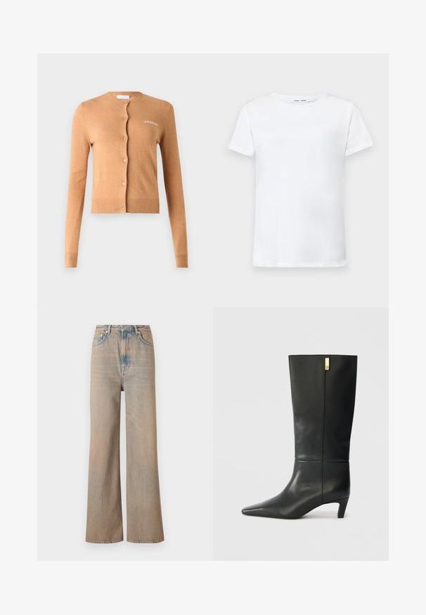 Cardigan boje karamele, dizajn s dugmadi, duge rukave, rebrasti manžeti i rub, mekana tekstura, s vezom "2ND DAY" na prsima.; Bijela kratka majica s kratkim rukavima od pamuka s dizajnom okruglog izreza. Glatka tekstura i ravni kroj, bez uzoraka ili naglaska.; Svijetloplave široke traperice s visokim strukom, napravljene od denima. Imaju suptilnu šavovu obradu i pet džepova, s lagano izblijeđenom teksturom.; Crne kožne čizme do koljena s šiljastim nosom i malim potpeticom. Imaju elegantan dizajn s detaljima u zlatnoj boji. Glatka tekstura.