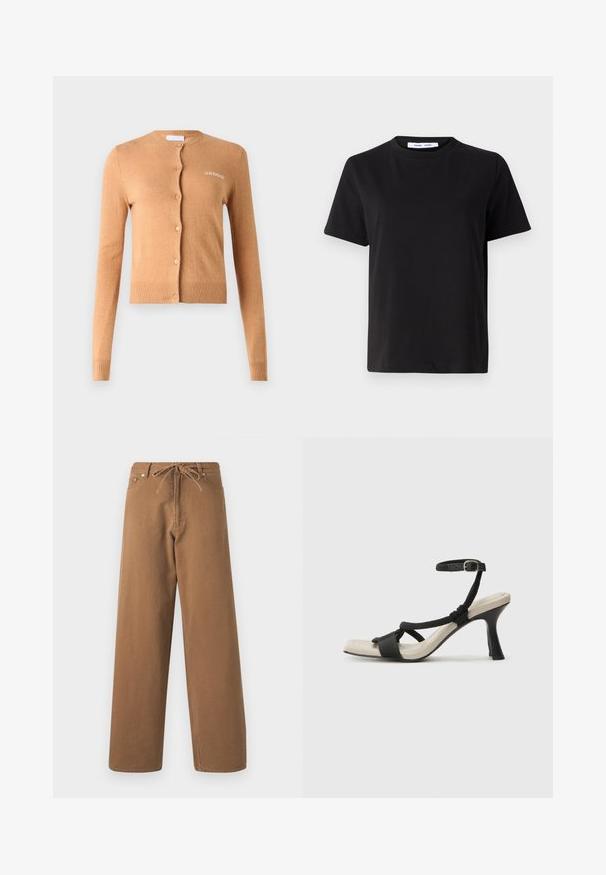 Cardigan de culoare caramel, design cu nasturi, mâneci lungi, mânșete și tiv cu nervuri, textură moale, are brodat pe piept "2ND DAY".; Tricou negru cu manșon scurt, fabricat din bumbac moale, având un guler rotund, o croială lejeră și o textură netedă. Fără modele sau grafice vizibile.; Pantaloni largi maro din bumbac, cu un brâu cu șnur și două buzunare frontale. Material texturat cu un finisaj neted.; Sandal cu toc negru, cu design de curea împletită, vârf pătrat și curea de gleznă ajustabilă. Tălpică de un bej deschis și toc negru lucios.