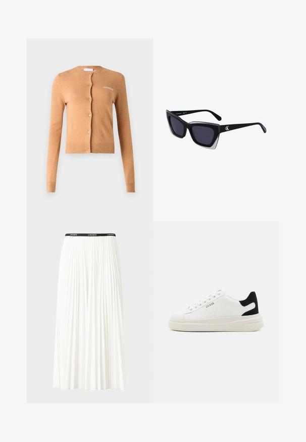 Cárdigan color caramelo, diseño abotonado, mangas largas, puños y dobladillo acanalados, textura suave, presenta "2ND DAY" bordado en el pecho.; Camiseta de algodón con rayas horizontales azul marino sobre un fondo blanco. "Tommy Hilfiger" bordado en cursiva en el pecho. Escote de tipo crew.; Falda blanca plisada con una cinturilla elástica negra que presenta el logotipo "LACOSTE". Diseño de longitud media con textura suave.; Zapatillas blancas de cuero con una suela blanca gruesa, acento en el talón de ante negro y logo grabado en el lateral. Diseño de cordones con seis ojales.; Gafas de sol negras de gran tamaño con una forma geométrica, que presentan lentes oscuros y un detalle gris contrastante en la montura. Logo en la pata.