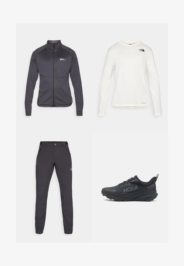 Mørkegrå zip-jakke laget av teksturert materiale. Har høy krage, lange ermer, og logo plassert foran på brystet.; Hvit langermet skjorte med rund hals, teksturert stoff, svart logo på venstre skulder, og subtil merkevareplassering nederst.; Mørkegrå utendørsbukser med smal passform, laget av fleksibelt materiale. Har tre romslige lommer med glidelås og en logo detalj.; Svart Hoka løpesko med mesh-overdel, teksturerte detaljer, og en tykk, polstret såle med avsmalnende kanter for forbedret støtte.