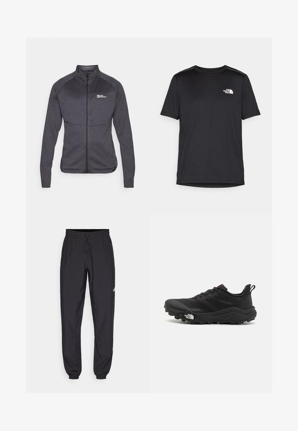 Mörkgrå zip-up jacka i strukturerat tyg. Har en hög krage, långa ärmar och en logotyp placerad fram på bröstet.; Svart kortärmad T-shirt i lättviktig tyg. Har en liten vit logotyp på vänster bröst och subtila axeltoner.; Svarta träningsbyxor tillverkade av lättviktsmaterial, med dragsko i midjan, sidofickor och avsmalnande muddar vid anklarna.; Svart terränglöparsko med en strukturerad ovandel, gummisula och förstärkt tåhätta. Har en vadderad krage och en dragflik för enkel påtagning.