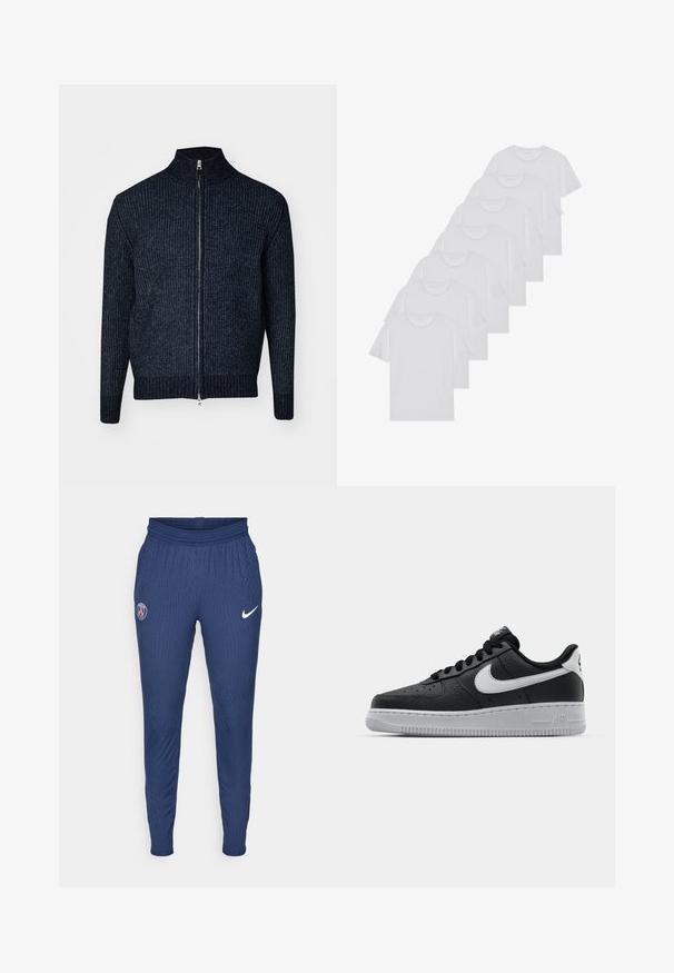 Replay MESH - Kofta - night blue; Vita bomull T-shirts, korta ärmar, rundad halsdesign, slät textur, staplade i en rad, med subtil branding vid halsringningen.; Marina idrottsbukser tillverkade av texturerat tyg, med en Paris-logga på vänster lår och en vit Nike-swoosh på höger.; Svart lädersneaker med strukturerad yta, vit Nike-swoosh, grå sula, rund tå och snörningsdesign. Har perforeringar på tåboxen.