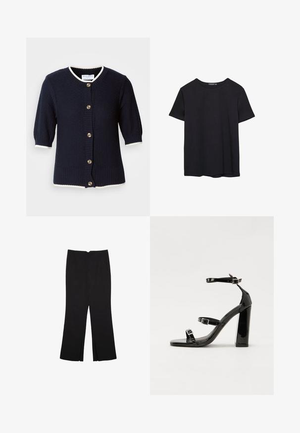 Cardigan en tricot navy à manches courtes, avec des poignets côtelés et une bordure crème. Présente cinq boutons dorés sur le devant. Tissu texturé.; T-shirt en coton noir à manches courtes, col rond, présenté sur un fond blanc.; Pantalon noir avec une coupe droite, doté de poches avant et d'éclairs sur l'ourlet. Fabriqué en tissu doux et lisse. Convient à diverses occasions.; Sandales à talons hauts en cuir verni noir avec deux brides à boucles, bout carré et talon bloc épais, présentant une texture lisse et brillante.
