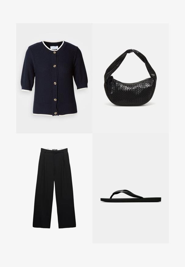Cardigan lavorato a maglia blu navy con maniche corte, polsini a coste e rifiniture in crema. Presenta cinque bottoni dorati sul davanti. Tessuto texture.; Top corto bianco a costine con scollatura alta e design senza maniche. Realizzato in tessuto morbido e elasticizzato per un fit confortevole.; Pantaloni neri a gamba larga realizzati in tessuto liscio. Presentano pieghe frontali, una vita con passanti per la cintura e una silhouette sartoriale.; Infradito in gomma nera con cinturino testurizzato e suola piatta semplice, mostrati di lato su uno sfondo chiaro e uniforme.; Borsa a tracolla in pelle intrecciata nera con forma curvata, dotata di una maniglia spessa e chiusura con zip. Superficie testurizzata con finitura lucida.; Orecchini in metallo argento con un design ondulato e scultoreo, caratterizzati da una finitura lucida e forme irregolari, che evidenziano un'estetica contemporanea.