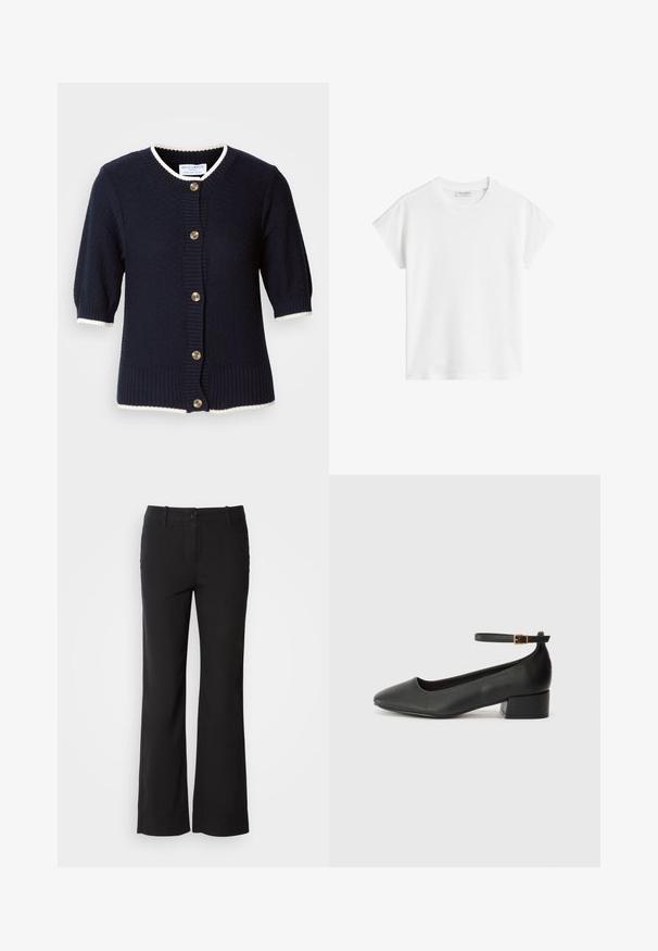 Mornarsko pleteno jopico s kratkimi rokavi, z nabranimi manšetami in kremnim obrobom. Vsebuje pet zlatih gumbov spredaj. Gubana tkanina.; Bela majica s kratkimi rokavi iz bombaža. Ima sproščen kroj z okroglim izrezom in rahlo spuščeno šivov na ramionih. Brez vzorcev ali dodatkov.; Črne hlače iz bombažne mešanice s ravnim krojem, sprednim gumbom in dvema stranskima žepoma. Gladek teksturiran material, brez vidnih vzorcev.; Črne usnjene pumpice z nazobčanimi prsti in nizko blokasto peto. Imajo trak okoli gležnja z zaponko v zlatem tonu. Gladka tekstura.