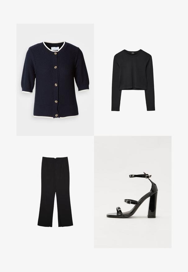 Cardigan lavorato a maglia blu navy con maniche corte, polsini a coste e rifiniture in crema. Presenta cinque bottoni dorati sul davanti. Tessuto texture.; Top cropped nero a maniche lunghe con scollatura tonda, design semplice e orlo leggermente curvo.; Pantaloni neri a gamba dritta, con tasche frontali e spacchi laterali all'orlo. Realizzati in tessuto morbido e liscio. Adatti a diverse occasioni.; Sandali con tacco alto in vernice nera con due cinturini con fibbia, punta quadrata e tacco spesso a blocco, caratterizzati da una texture liscia e lucida.