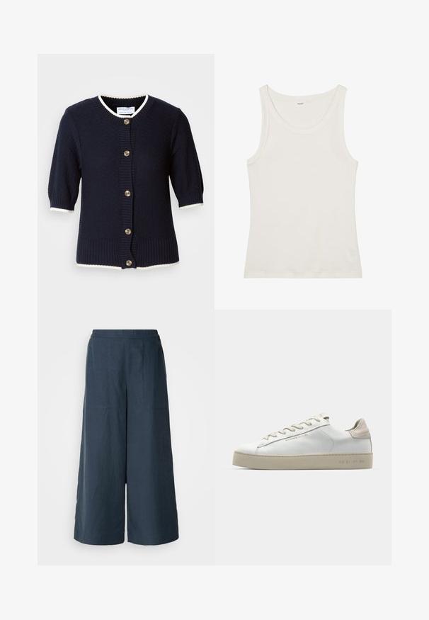 Cardigan lavorato a maglia blu navy con maniche corte, polsini a coste e rifiniture in crema. Presenta cinque bottoni dorati sul davanti. Tessuto texture.; Top in cotone bianco a spalla larga con spalline sottili. Tessuto liscio senza motivi visibili o decorazioni.; Pantaloni a gamba larga di colore blu navy, realizzati in tessuto leggero. Presentano una superficie leggermente texture, una vita elastica e cuciture frontali.; Sneaker bianca in pelle con finitura liscia, dettagli in suede beige, punta rotonda, design con stringhe piatte e suola in gomma testurizzata.