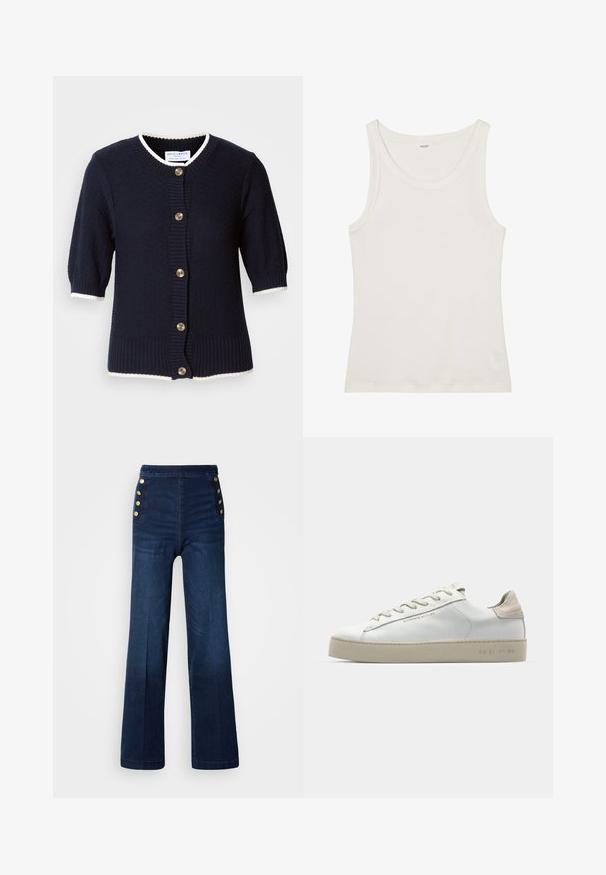 Cardigan tricotat navy cu mâneci scurte, cu mansete canalate și margine crem. Se bucură de cinci nasturi aurii pe față. Material texturat.; Top din bumbac alb, fără mâneci, cu un decolteu larg și bretele subțiri. Textură netedă, fără modele sau embellismente vizibile.; Pantaloni largi din denim bleu închis, cu talie înaltă, accente cu nasturi aurii pe lateral și o textură netedă cu decolorări subtile.; Adidași din piele albă cu finisaj neted, accente din suede bej, vârf rotund, design cu șireturi plate și talpă din cauciuc texturat.