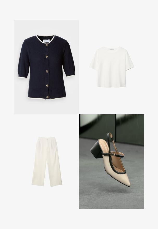 Navy knitted cardigan with short sleeves, ribbed cuffs, and a cream trim. Features five gold buttons down the front. Textured fabric.; White short-sleeve t-shirt made of cotton. Features a crew neckline and a relaxed fit. Smooth texture with no visible patterns or accents.; Wide-leg trousers in cream fabric with a smooth texture, featuring a single front button, subtle pleats, and a high waist design.; Beige pointed-toe slingback shoe with black trim, gold buckle, and a chunky block heel on gray floor with dark green background.