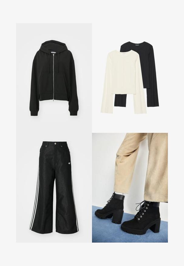 Felpa nera corta realizzata in tessuto morbido, con zip frontale, grandi tasche, cappuccio regolabile con cordino e polsini e orlo a coste.; Set di due maglie a maniche lunghe, bianche e nere. Texture a coste, scollo tondo, design aderente con maniche leggermente svasate.; Pantaloni in denim neri a gamba larga con tre strisce bianche su ciascun lato e un piccolo logo bianco. Presentano tasche frontali e chiusura con bottone.; Stivaletti neri in suede con tacco spesso, punta rotonda e occhielli in argento, caratterizzati da un colletto in pelle nera opaca e una suola texturizzata.