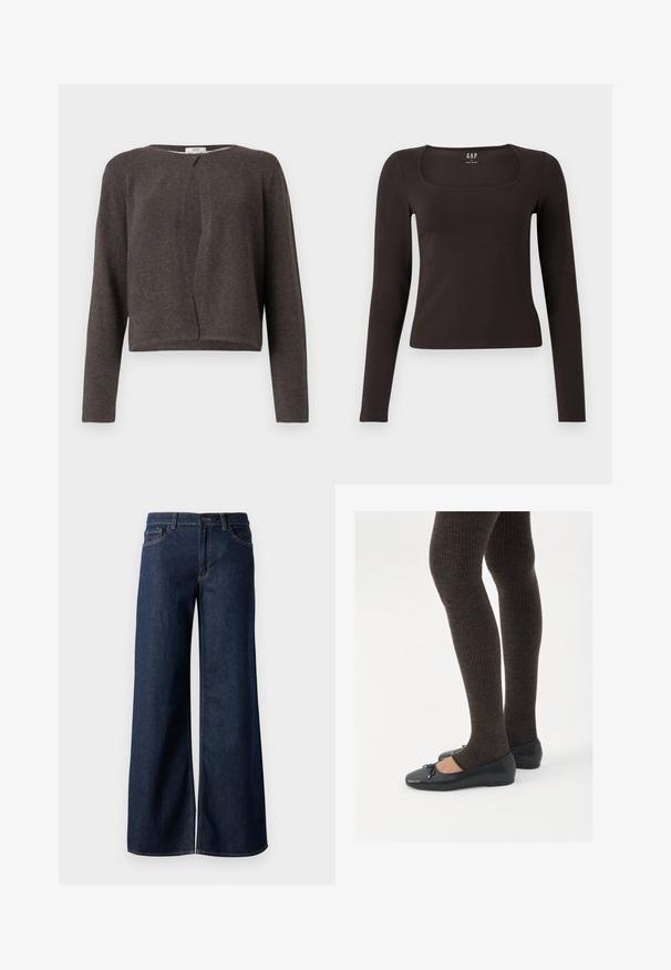 Mørkegrå strikket langermet cardigan med rund hals og en enkelt knappåpning øverst.; Svart langermet, tett topp med firkantet hals, merket GAP, vist på en hvit bakgrunn.; Vide benbukser i mørkeblå denim. Har kontrastsøm, fem lommer og en knaplukning i taljen. Glat tekstur.; Sorte flate sko med en liten sløyfedetalj på tåen, kombinert med mørkebrune ribbede strømpebukser. Skoene har en glatt overflate og lav profil.