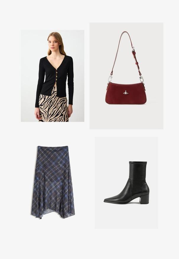 Schwarzes, geripptes Langarmtop mit einem tiefen V-Ausschnitt, versehen mit einer Reihe goldener Knöpfe auf der Vorderseite, kombiniert mit einem beigen Rock mit schwarzen Zebrastreifen.; Burgunderfarbenes Langarmshirt aus weichem Stoff, mit weitem, rundem Ausschnitt und leicht geschwungenem Saum für eine entspannte Passform.; Schwarzer Karorock mit blauen und braunen Linien, fließendes Design, knielang, aus leichtem Stoff mit glatter Textur.; Schwarze Knöchelstiefel aus glattem Leder, mit spitzem Zehenbereich, einem Blockabsatz und markanten, raised stitching am oberen Rand.; Rote Wildleder Schultertasche mit einer curved Form. Verfügt über einen silberfarbenen Akzent und einen verstellbaren Trageriemen mit Hardware-Details. Glatte Textur.