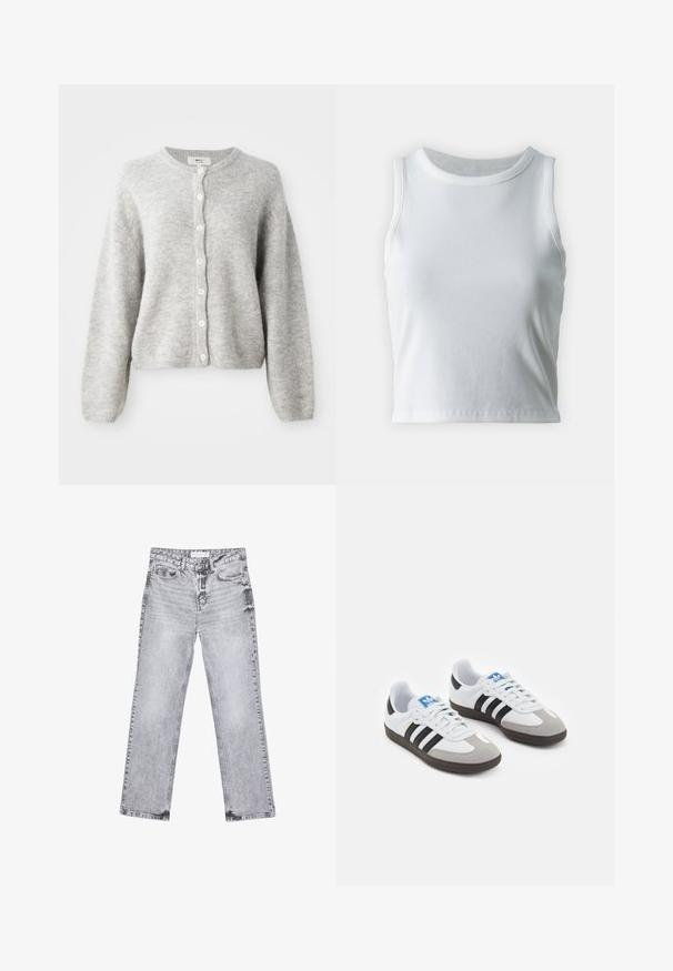 Grå ullcardigan med långa ärmar, rund nacke och sju stora vita knappar framtill. Mjuk, strukturerad yta.; Vit ribbad linne med rund halsringning och ärmlös design, med en rak nederkant och en smidig, elastisk textur.; Grå denimjeans med rak benpassform, slitna detaljer, fem fickor och kopparnitar. Midjan har en logotagg.; Sportskor med överdel i vit läder, grå mocka på tårna och tre svarta ränder. Har en blå logotyp på tungan och en texturerad gummisula.