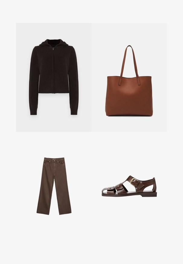 Čierna pletená mikina s kapucňou, rozopnutá, s dlhými rukávmi a rebrovanými manžetami a lemom, zobrazená na bielom pozadí.; Biela krátkopsová tričko vyrobené z bavlny. Má okrúhly výstrih a voľný strih. Hladká textúra bez viditeľných vzorov alebo akcentov.; Džínsy s širokými nohavicami v hnedej farbe, vyrobené z denimu, so zvýšeným pásom, prednými vreckami a klasickým zapínaním na gombík. Hladká textúra s jemným prešívaním.; Hnedé kožené sandále s vyrezávaným dizajnom, nastaviteľnou bočnou sponou a plochou podrážkou, s kovovými akcentmi a otvorenou špičkou.; Hnedá kožená taška na rameno s hladkou textúrou, otvoreným vrchom a dvoma ramenými popruhmi. Má minimálne šitia a žiadne viditeľné kovania.
