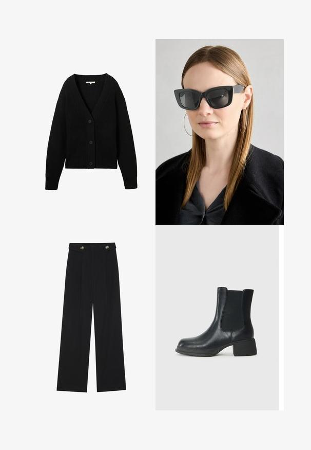 Black knitted cardigan with long sleeves, V-neck, and three front buttons, displayed flat against a white background.; Two black long-sleeve shirts with a V-neck design, made of soft, stretchy fabric, showing smooth texture and a fitted shape.; Black wide-leg trousers with high waist, button details on waistband, and front pleats.; Black leather ankle boot with elastic side panels, rounded toe, and a low block heel. The surface has a smooth texture and minimal detailing.; Black cat-eye sunglasses with dark lenses, thick frames, and subtle accents. Worn with a black coat and gray top, featuring long straight hair.