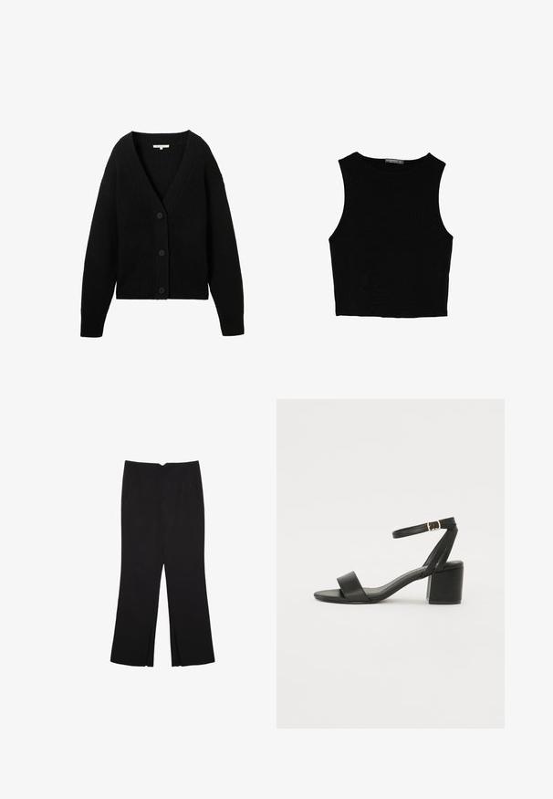 Schwarze Strickjacke mit langen Ärmeln, V-Ausschnitt und drei vorderen Knöpfen, flach auf einem weißen Hintergrund präsentiert.; Schwarzes ärmelloses Crop-Top aus glattem Stoff, mit rundem Ausschnitt und einem klaren, schlichten Design ohne Muster oder Beschläge.; Schwarze Hose mit geradem Schnitt, ausgestattet mit Fronttaschen und Seitenschlitzen am Saum. Hergestellt aus weichem, glattem Stoff. Geeignet für verschiedene Anlässe.; Schwarze High Heels Sandalen mit einem glatten Lederoberteil, offener Zehenpartie, breiten Vorderstraps und verstellbarem Knöchelriemen mit einem goldenen Schnallen-Detail.