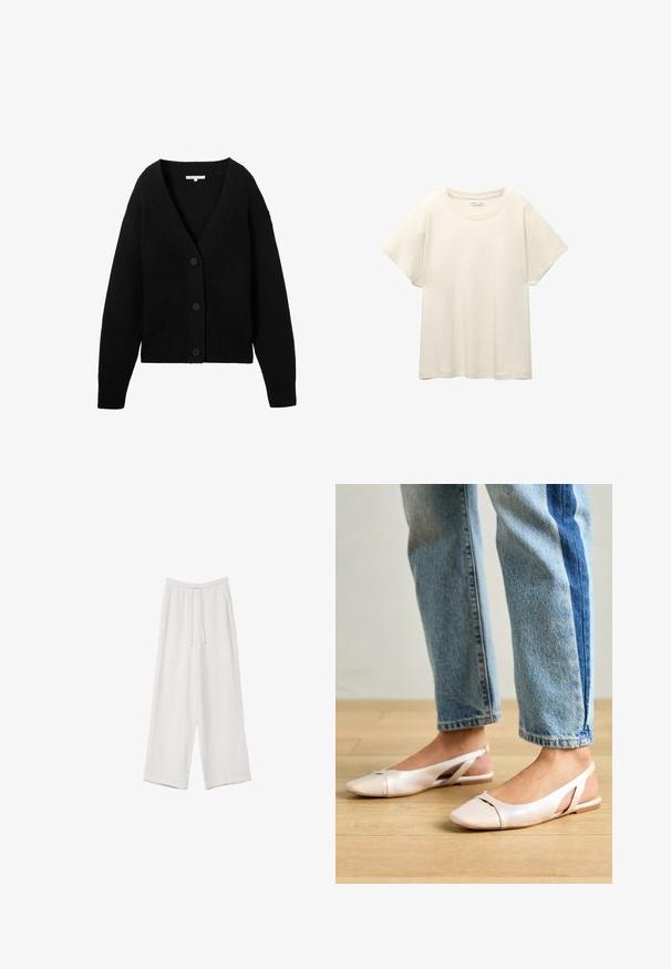 Schwarze Strickjacke mit langen Ärmeln, V-Ausschnitt und drei vorderen Knöpfen, flach auf einem weißen Hintergrund präsentiert.; Helles beige T-Shirt mit kurzen Ärmeln und Rundhalsausschnitt, aus weichem, glattem Stoff gefertigt. Verfügt über eine lockere Passform und einen geraden Saum.; Weiße weit geschnittene Hose aus leichtem Stoff. Mit einem elastischen Bund und Kordelzug sowie Seitentaschen. Glatte Textur.; Blassrosa Slingback-Ballerinas mit spitzem Punkt, aus einem glatten, lederähnlichen Material. Mit Ausschnitten an den Seiten und einem flachen Absatz.