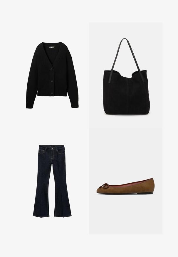 Czarny dziewiarski kardigan z długimi rękawami, dekoltem w serek i trzema guzikami z przodu, wyeksponowany na płasko na białym tle.; Biała koszulka z krótkim rękawem, wykonana z bawełny. Posiada okrągły dekolt i luźny krój. Gładka faktura bez widocznych wzorów czy akcentów.; Granatowe dżinsy z wysokim stanem, przednimi kieszeniami i szerokimi, rozszerzającymi się nogawkami, wyeksponowane płasko na białym tle.; Brązowe zamszowe baleriny z zaokrąglonym noskiem, z węzłowym detalem z przodu, cienką czerwoną lamówką i płaską czarną podeszwą.; Czarna zamszowa torba na ramię z dwoma długimi, płaskimi skórzanymi uchwytami. Posiada zaokrąglony górny brzeg oraz widoczne szwy na przedniej stronie. Bez metalowych akcentów.