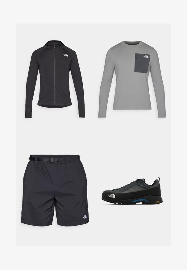 Črna atletska jakna z dolgimi rokavi, z zadrgo spredaj, logotipom na zgornji levi strani in kapuco. Teksturna tkanina z oprijetim krojem.; Siva srajca z dolgimi rokavi z teksturirano tkanino, ki ima temnosivo žep na prsih in zadrgo. Logotip na žepu je bel.; Črne lahke kratke hlače z udobnim krojem, ki vključujejo nastavljiv pas, stranske žepe in logo North Face na spodnjem desnem delu noge.; The North Face VERTO ALPINE GORE TEX - Pohodniški čevlji - asphalt grey/tnf black