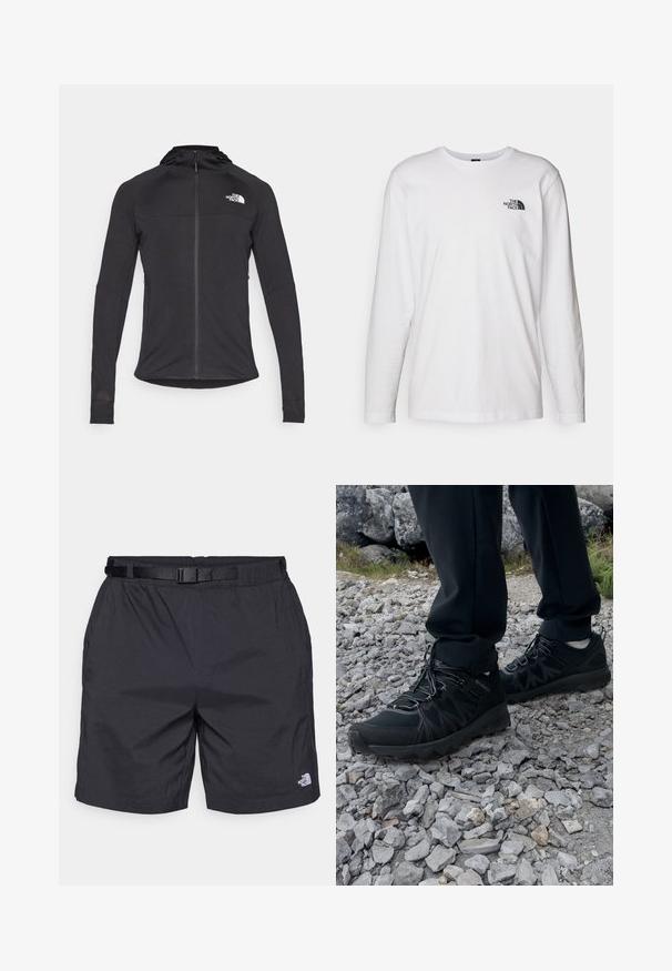 Černá sportovní bunda s dlouhými rukávy, se zipem vpředu, logem na levém horním díle a kapucí. Texturovaná látka s přiléhavým střihem.; Bílý dlouhý rukáv tričko vyrobené z bavlny s kulatým výstřihem. Na hrudi se nachází malé černé logo. Hladká textura, běžný střih.; Černé lehké šortky s volným střihem, obsahující nastavitelný pás, boční kapsy a logo North Face na pravé dolní noze.; Černé venkovní boty z prodyšného a syntetického materiálu, s texturovaným svrškem, bezpečným šněrovacím systémem a robustní podrážkou, na skalnatém terénu.