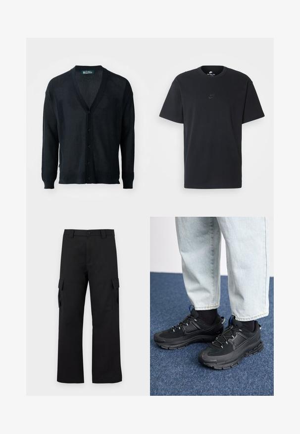 Black, lightweight knit cardigan featuring a mesh design, V-neck, ribbed cuffs, and button closure. No pockets or additional accents.; Nike black cotton t-shirt with a classic crew neck, short sleeves, and a subtle, embossed logo on the chest. Smooth texture.; Black cargo pants with a straight leg design. Made from durable fabric, featuring two side pockets with flap closures and a button fly.; Black athletic shoes with textured fabric and rubber soles, featuring elastic laces and a blue accent on the heel. Worn with light denim pants.