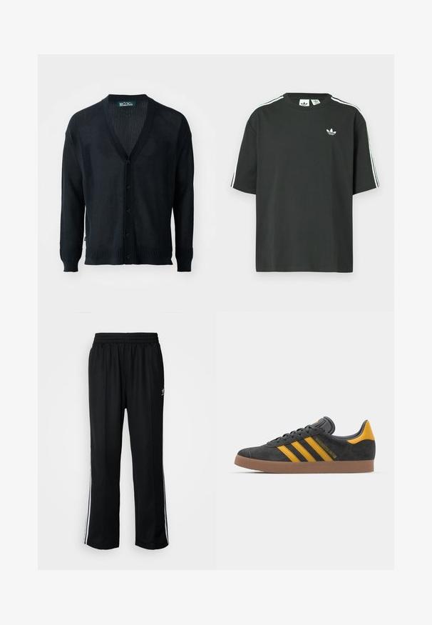 Black, lightweight knit cardigan featuring a mesh design, V-neck, ribbed cuffs, and button closure. No pockets or additional accents.; Black cotton t-shirt with short sleeves, crew neckline, and white three-stripe detailing on shoulders. Features a small white logo on chest.; Black athletic pants with an elastic waistband, featuring white side stripes and a small logo. Material appears soft and lightweight.; Black suede sneaker with yellow accents, featuring three stripes and a brown rubber sole. Includes a padded tongue for comfort.