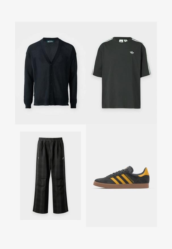 Black, lightweight knit cardigan featuring a mesh design, V-neck, ribbed cuffs, and button closure. No pockets or additional accents.; Black cotton t-shirt with short sleeves, crew neckline, and white three-stripe detailing on shoulders. Features a small white logo on chest.; Black plaid pants featuring an elastic waistband, two front pockets, and a loose fit with a straight leg design. Made from lightweight material.; Black suede sneaker with yellow accents, featuring three stripes and a brown rubber sole. Includes a padded tongue for comfort.
