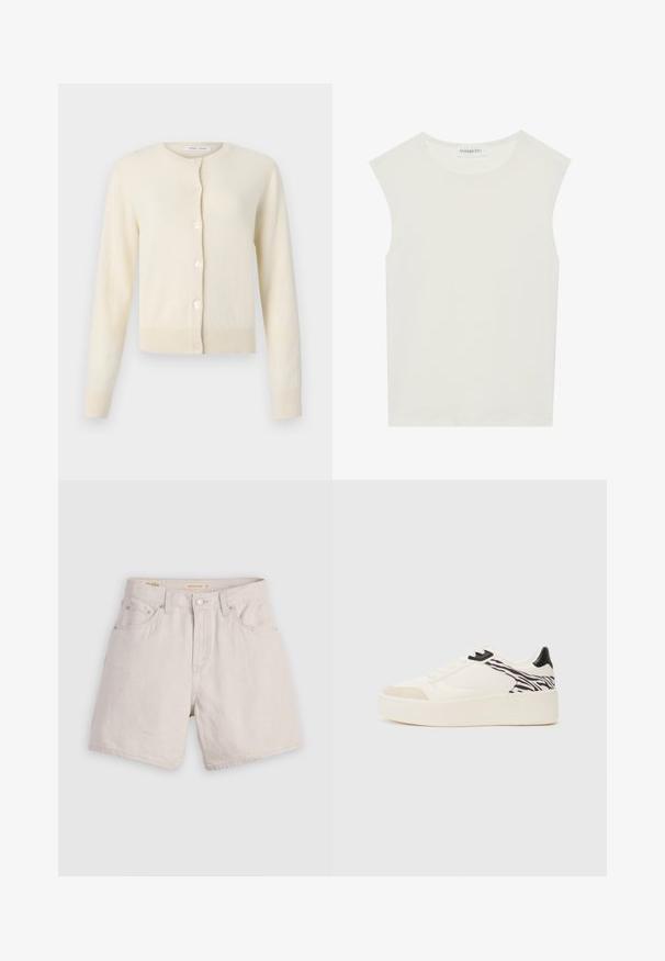 Krèmfarget cardigan laget av myk stoff, med rund hals, lange ermer og seks knappelukkinger foran.; Hvit ermeløs topp med rund hals. Laget av glatt stoff, har den en avslappet passform og minimalistisk design. Ingen mønstre eller detaljer.; Høyt midjebeige denimshorts med knappfront, beltehemper og fem lommer; lette med en glatt tekstur.; Even&Odd Joggesko - white/black